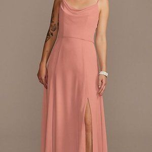 0 DAVID'S BRIDAL Cowl Neck Chiffon Maxi Dress with Slit in Desert Coral